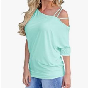 Light teal off the shoulder strapped casual top